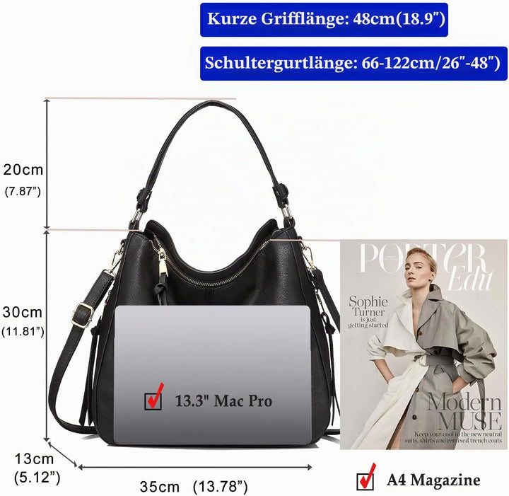 BestoU Handtasche Damen Schwarz Gross Leder Gross Tasche Umhängetasche Schultertasche Shopper Henkel