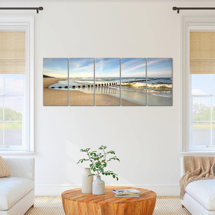 Runa Art Wandbild XXL Strand Meer Schlafzimmer Wohnzimmer 200 x 80 cm Bunt 5 Teilig - Made in German
