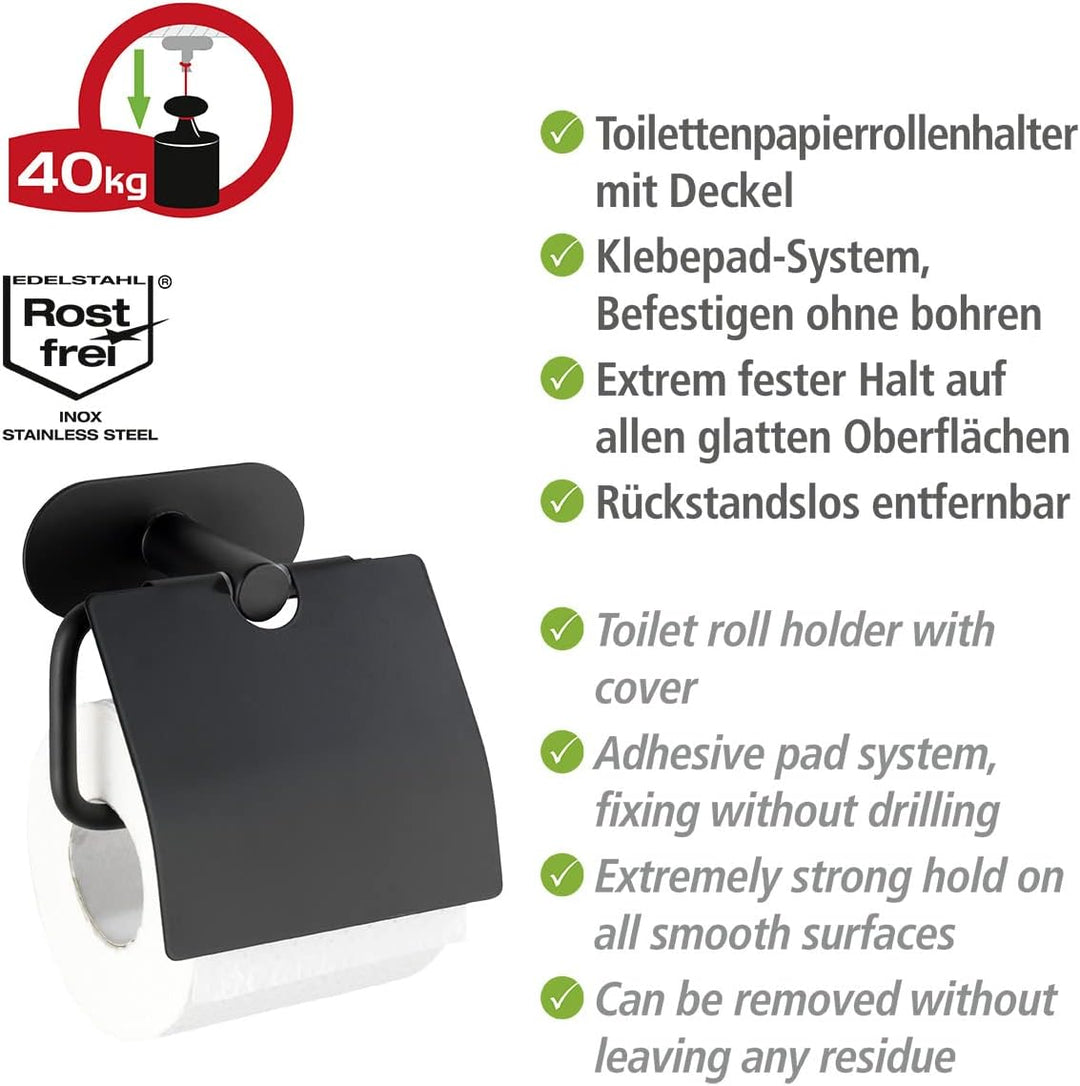 WENKO Turbo-Loc Toilettenpapierhalter mit Deckel Orea Black Matt, Befestigen ohne bohren, Papierroll
