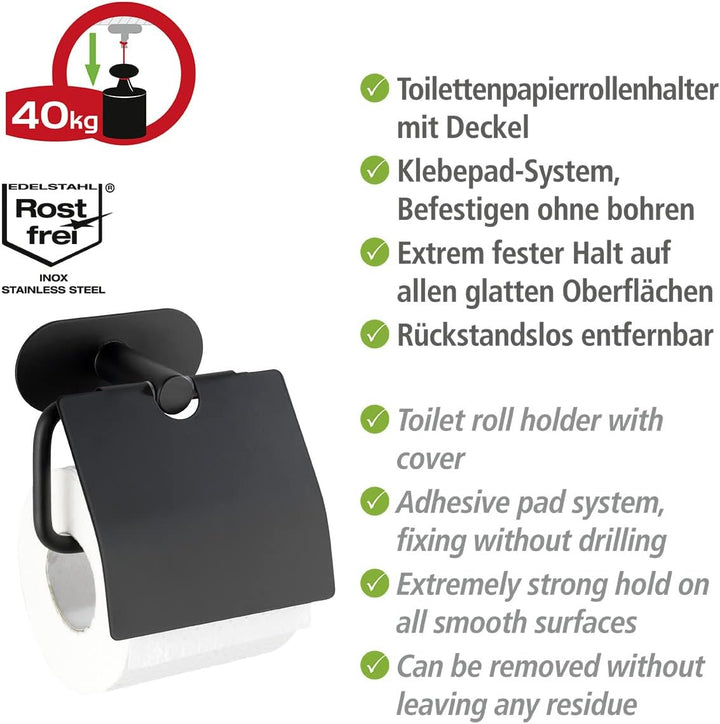 WENKO Turbo-Loc Toilettenpapierhalter mit Deckel Orea Black Matt, Befestigen ohne bohren, Papierroll