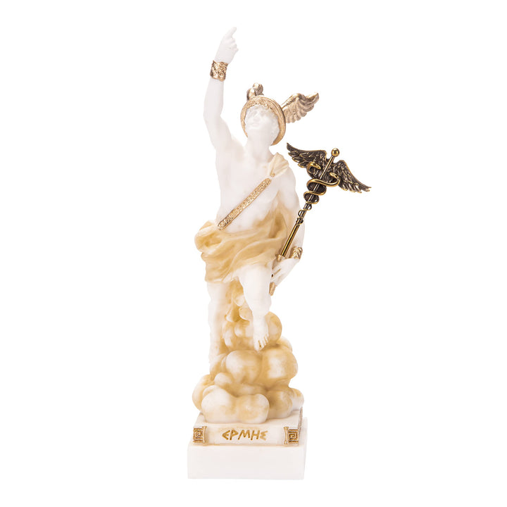 BEAUTIFUL GREEK STATUES Hermes Mercury God Zeus Sohn Römische Statue Alabaster Goldton 7 Zoll