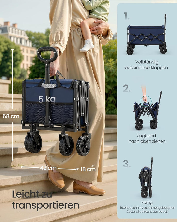 SONGMICS Kleiner Handwagen faltbar, Gartenwagen, kompakt, mit Griff, mit 4 verstärkten Rollen, Davon