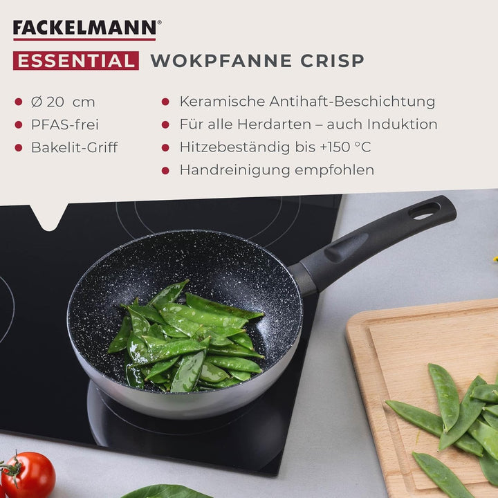 FACKELMANN Wokpfanne Essential Crisp Ø 20 cm aus recyceltem Aluminium mit keramischer Antihaft-Besch
