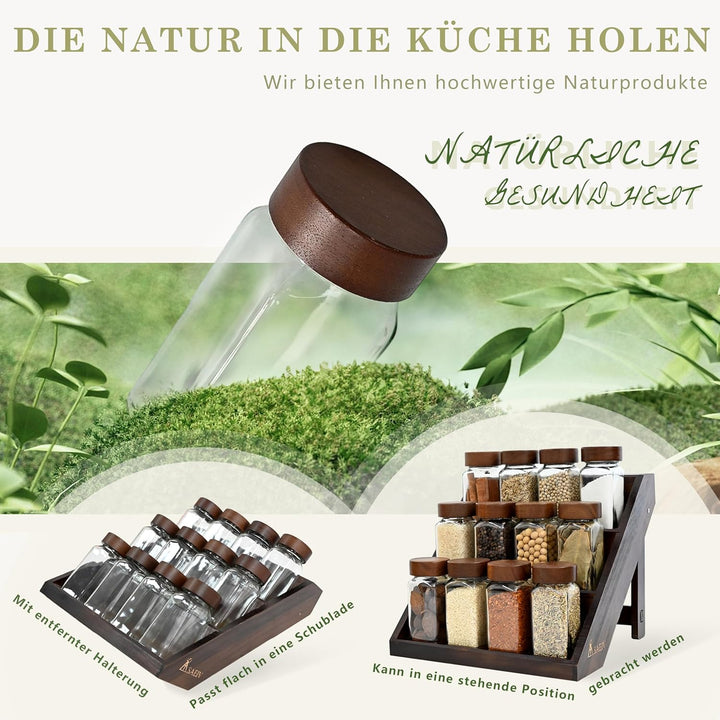 Gewürzregal Schublade mit 2-in-1 Akazien Gewürzregal Holz (FCM®) – 12x120ml Gewürzgläser Eckig, 120