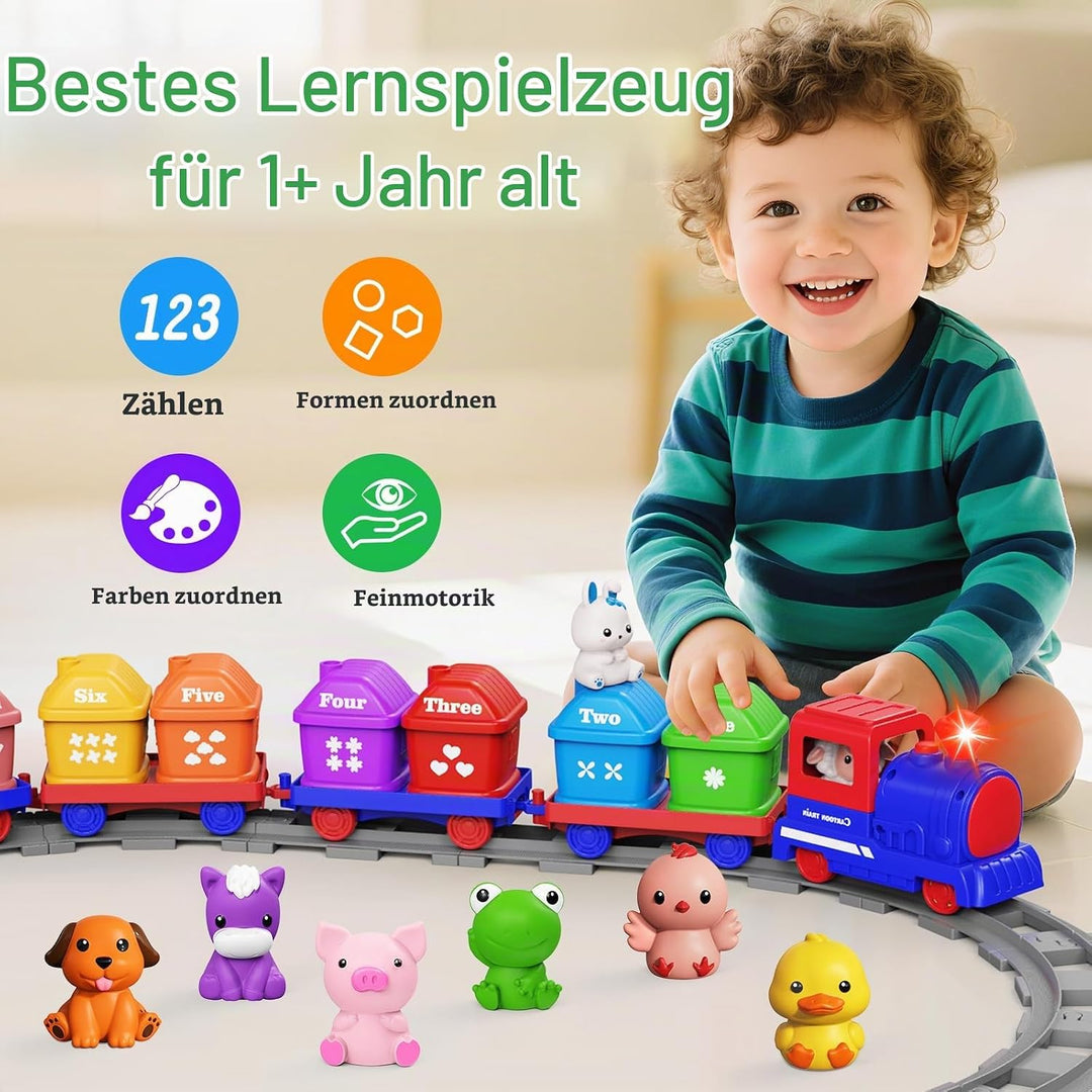Eisenbahn-Set für Kleinkinder – Lernspielzeug ab 1-3 Jahr, Schienenspielset mit Bauernhoftieren &amp; Fi
