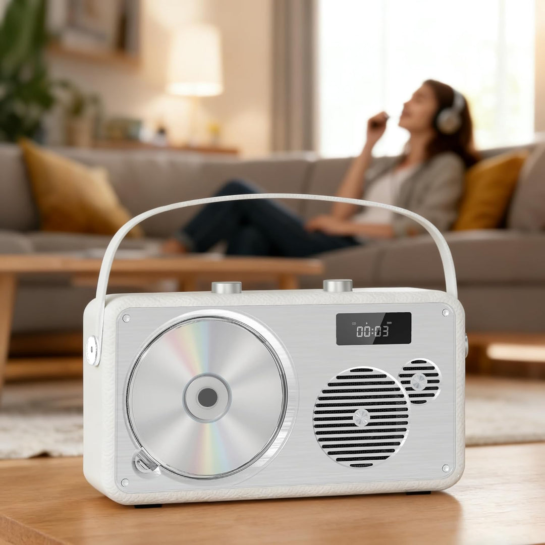 Vintage Leather Style Boombox CD-Player Tragbarer | Eingebaute wiederaufladbare Batterie| FM-Radio/B