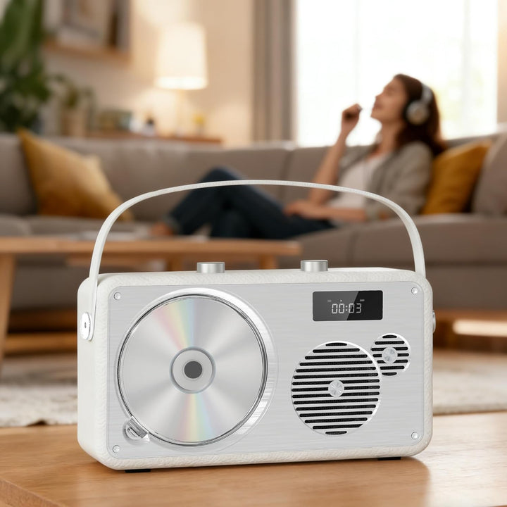 Vintage Leather Style Boombox CD-Player Tragbarer | Eingebaute wiederaufladbare Batterie| FM-Radio/B