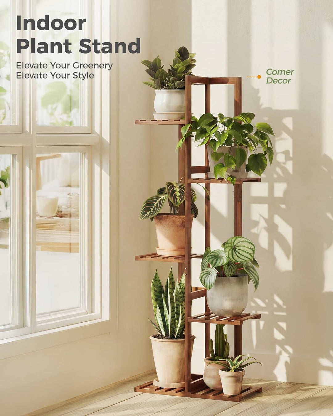 Bamworld Pflanzenregal 5 Ebenen Blumenständer Innen aus Bambus, Teebraun Grosses Blumentopf Ständer