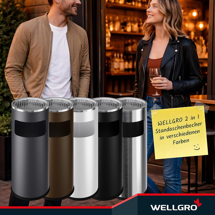 WELLGRO 2 in 1 Standaschenbecher Edelstahl für draussen – Wetterfester Standascher weiss mit Mülleim