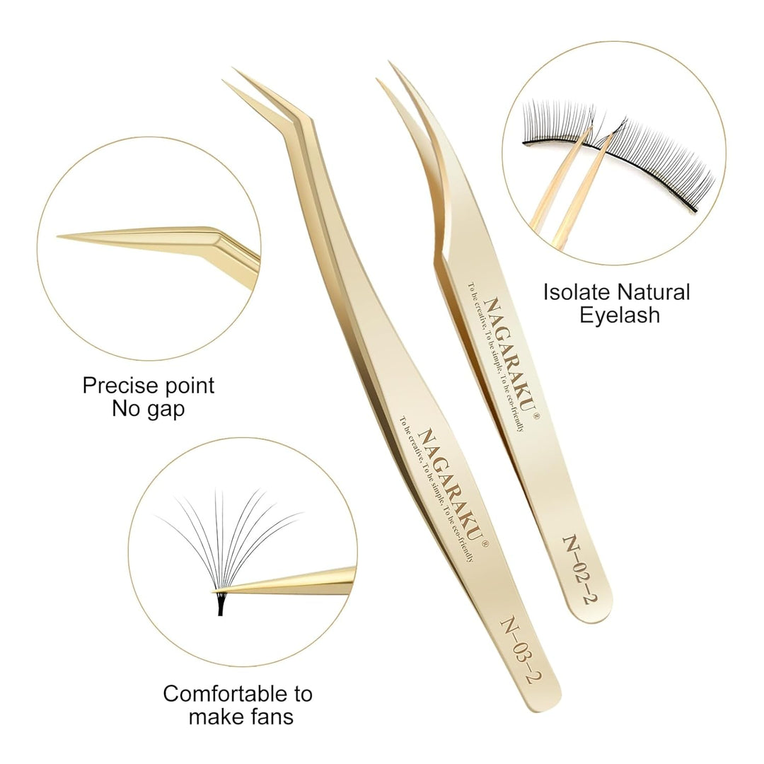 NAGARAKU Wimpernpinzette Set 1 Paar Professionelle Präzisionspinzette Gold Edelstahl Nagelpinzette L