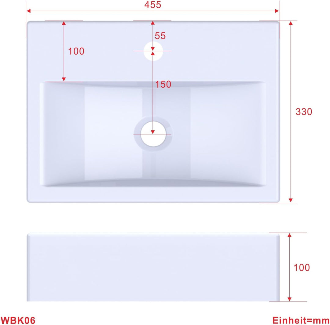 Waschbecken aus Keramik Eckig 45 x 33 cm Aufsatzwaschbecken für Waschtisch Unterschrank Waschplatz H