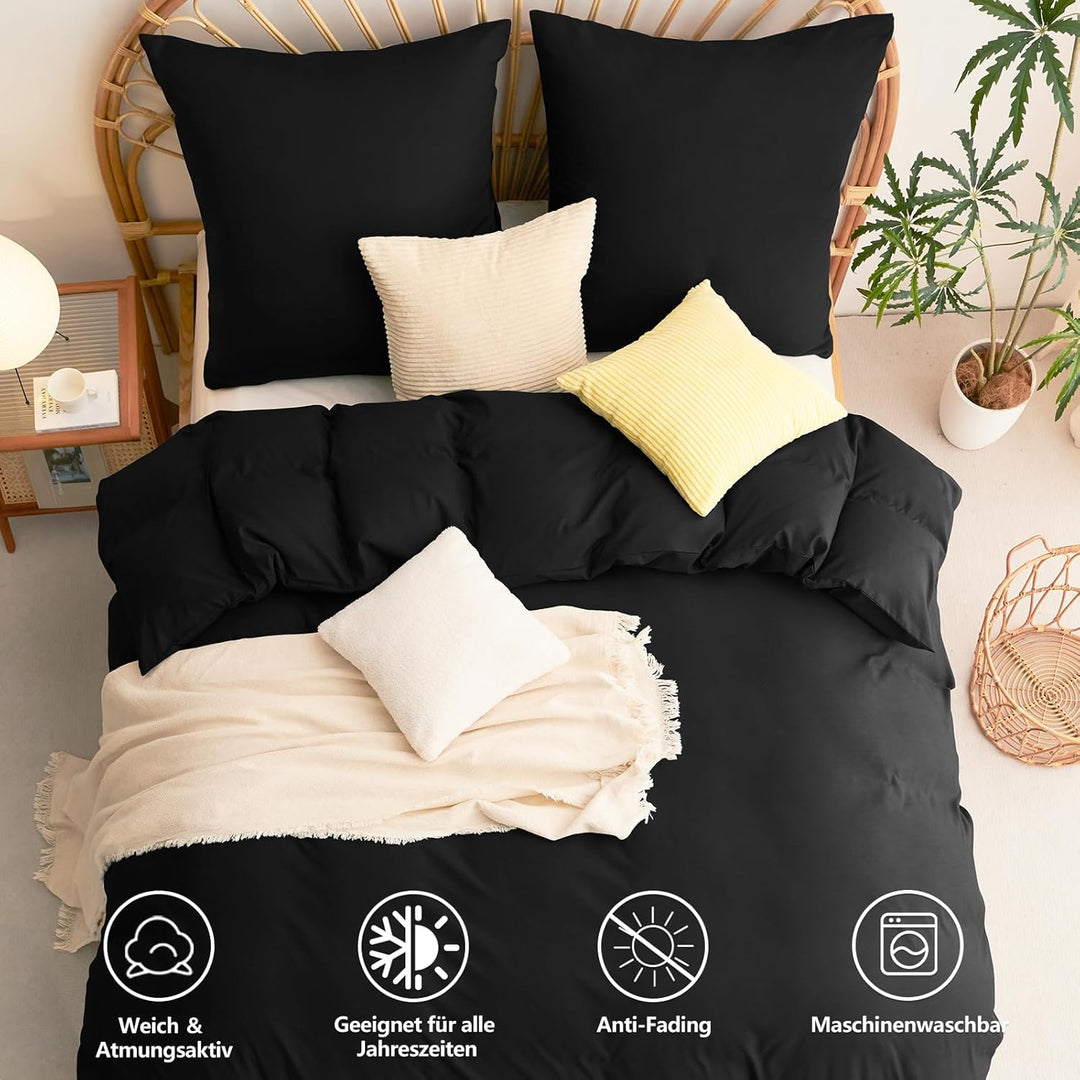 WAVVE Bettwäsche 220x240 3 teilig Schwarz - Bettbezug 220 x 240 Set mit Kissenbezüge 80x80 cm, Bettw