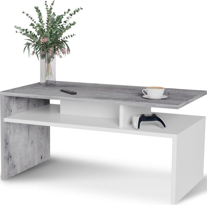 Weiss/Beton glänzender Couchtisch für das Wohnzimmer - modernistischer Look, minimalistischer Stil -