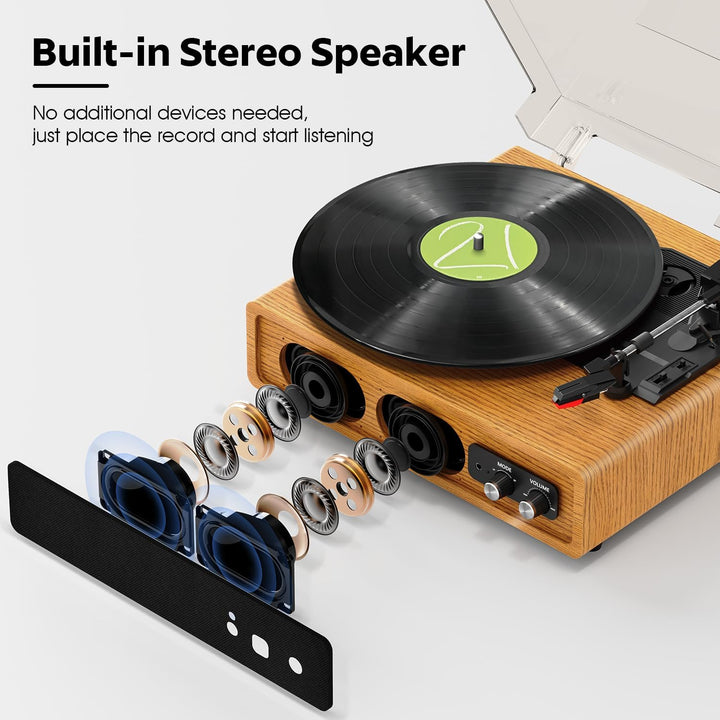 Plattenspieler, FYDEE Vinyl Plattenspieler mit Eingebauten Stereo-Lautsprechern, 3 Geschwindigkeiten