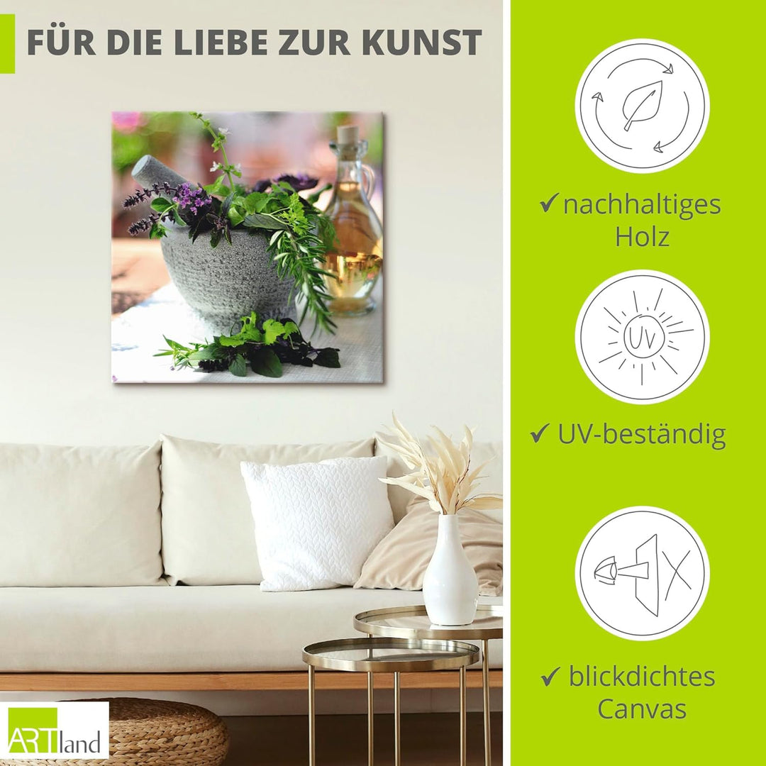 ARTland Leinwandbilder Wandbild Bild auf Leinwand 50x50 cm Kräuter Gewürze Mörser Lebensmittel Medit