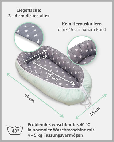 ULLENBOOM ® Babynest Set mit Einlage, Kuschelnest (55x95 cm) Mint Grau (Made in EU) - Baby Nestchen
