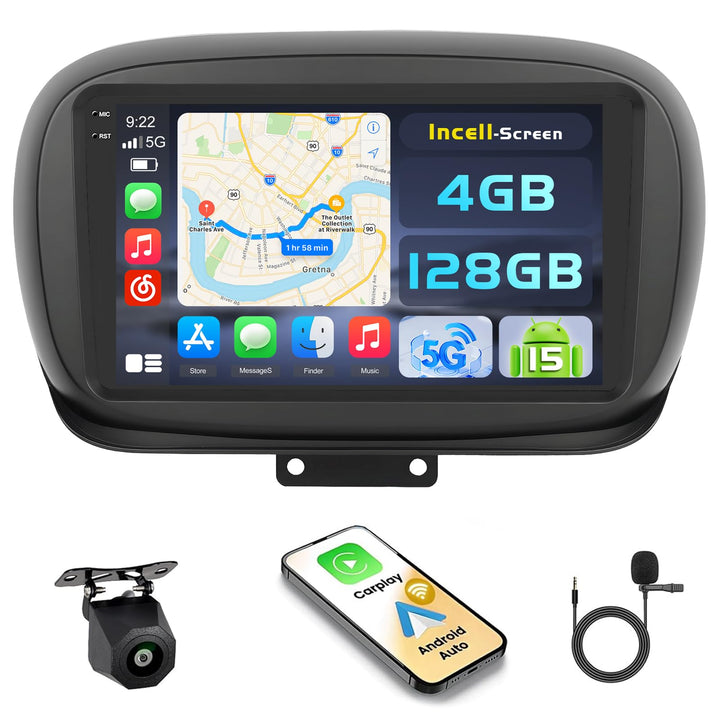 Hikity Android 15 4+128G Autoradio für FIAT 500X 2014-2020 mit 9 Zoll Incell Touchscreen, Autoradio