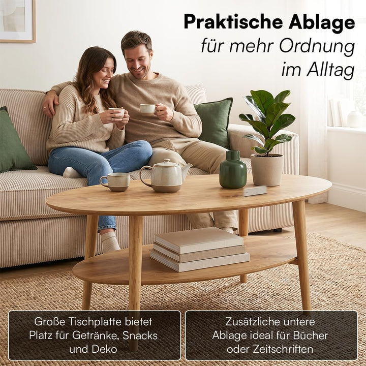 skølm Mjölnir Couchtisch oval – Wohnzimmertisch aus Eiche Massivholz – Sofatisch mit 2 Ablagen – kle