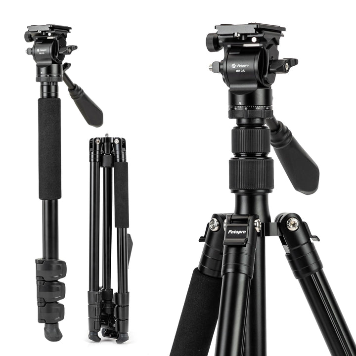 Fotopro 168CM/66inch Video stativ, Aluminium-Reisestativ und Einbeinstativ mit 360 ° Fluidkopf, prof