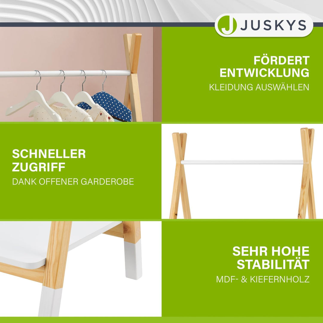 Juskys Kinder Kleiderständer Heidy mit Ablage & Kleiderstange - Holz Kindergarderobe modern, offen &