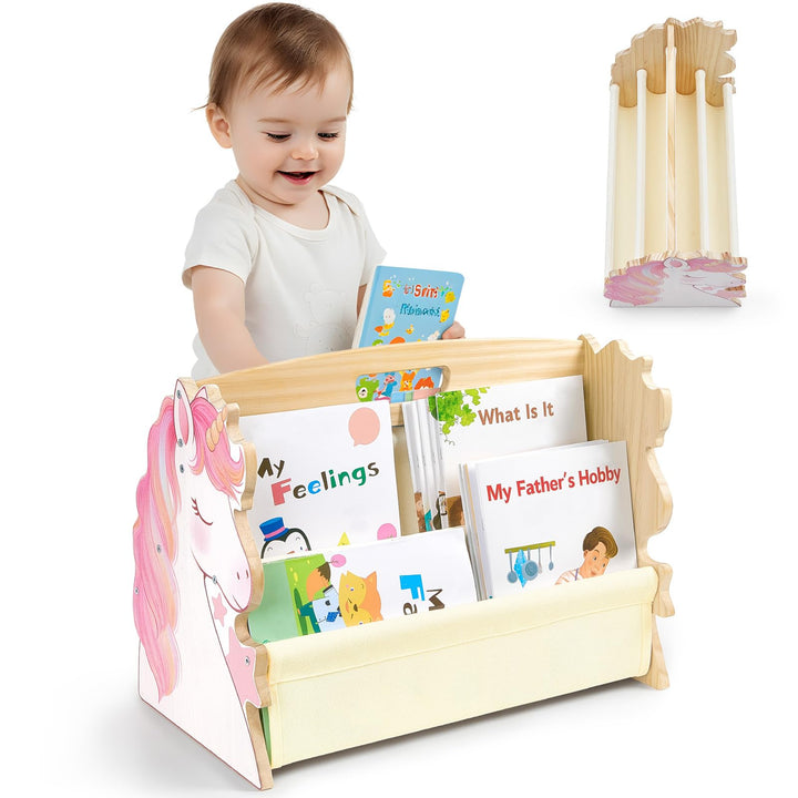 MHJY Bücherregal Kinder, doppelseitiges Holzregal mit robusten Canvas-Taschen, Montessori Stil, trag