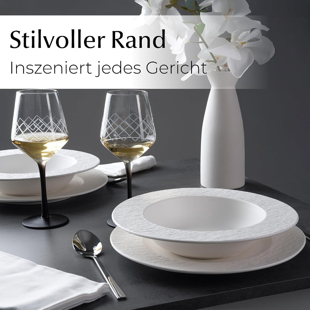 MIAMIO - Suppenteller Set/Pastateller, Keramik (650ml) - Oasis (Weiss) | Keramik Suppenteller Set, 4