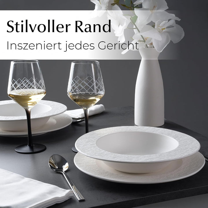 MIAMIO - Suppenteller Set/Pastateller, Keramik (650ml) - Oasis (Weiss) | Keramik Suppenteller Set, 4