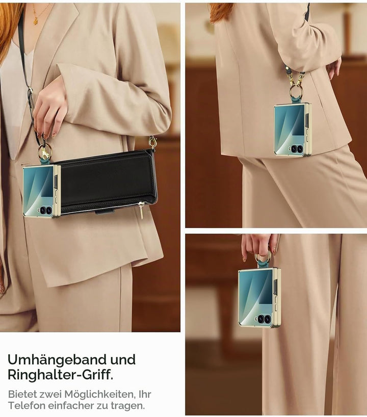 Miimall Lederhülle Kompatibel mit Samsung Galaxy Z Flip 7 Hülle mit Band+Ring Ständer [HD Displaysch