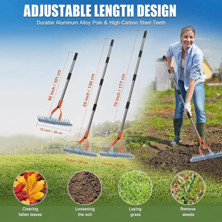 Vertikutierer Hand, Vertikutierer Rechen mit Stiel, 178 cm Abnehmbarer & Verstellbarer Gartenrechen,
