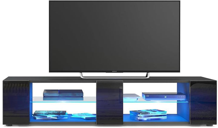 Vladon Lowboard Movie V2, TV-Kommode mit 6 offenen Fächern und Zierleisten, Schwarz matt/Schwarz Hoc