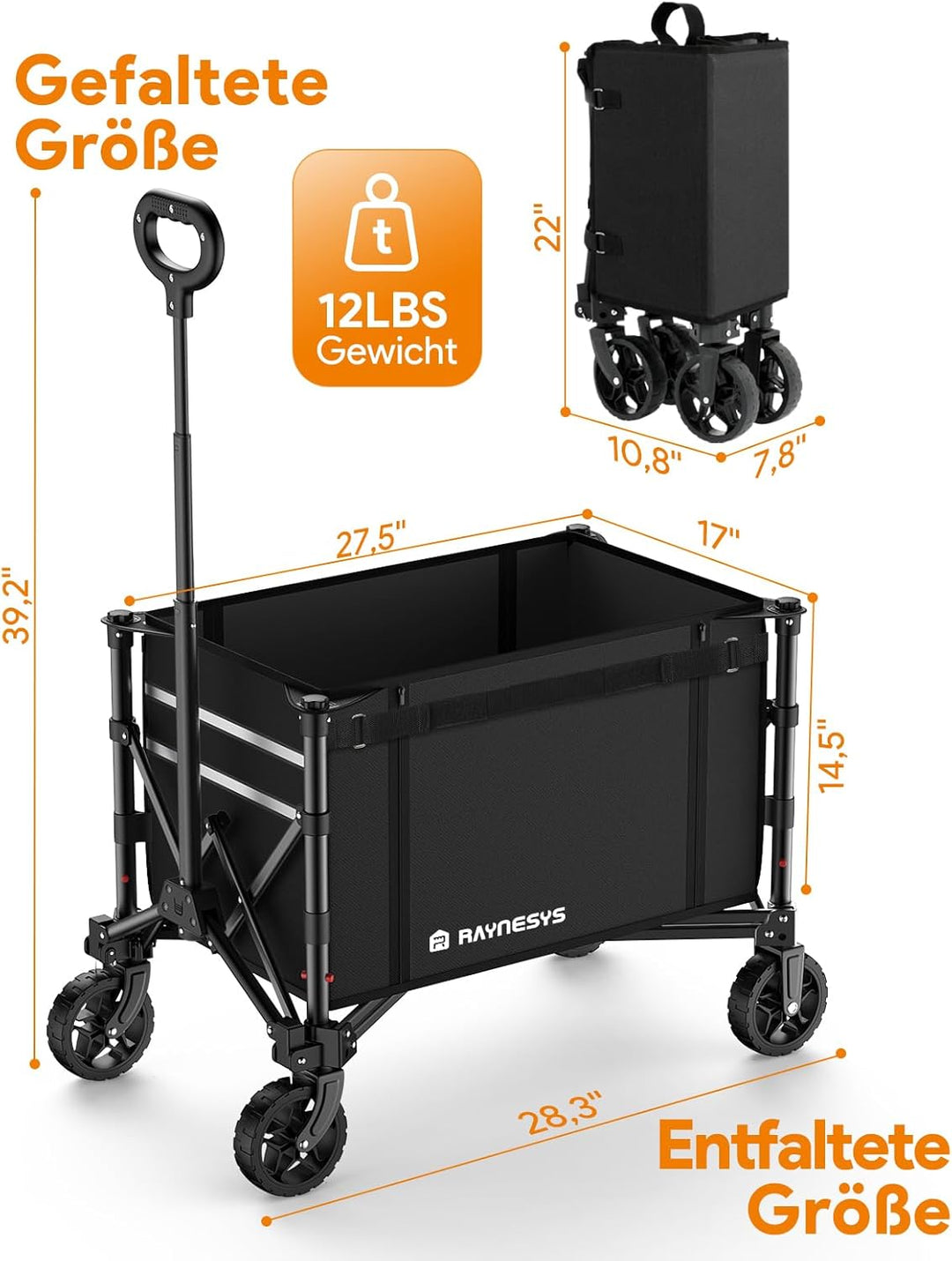 3 in 1 Bollerwagen Faltbar 120L, Klappbar Handwagen mit Rädern, 220lbs Transportwagen Faltbar, Umbau