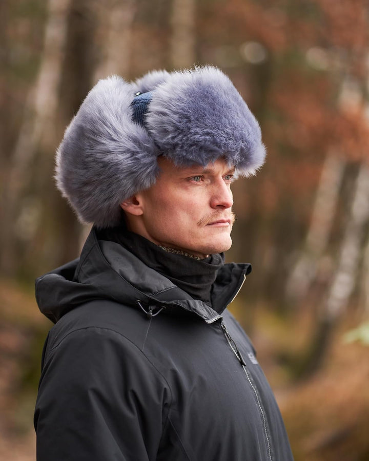 Futrzane Trappermütze aus Cord - Ushanka Herren - Fell Mütze mit Ohrenklappen M Marineblau - Stahlbl