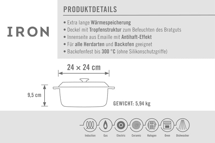 Woll Iron Gusstopf mit Deckel und Silikongriffen - Induktiv -, Ø 24 cm, 11 cm hoch, 4,2l - Geeignet