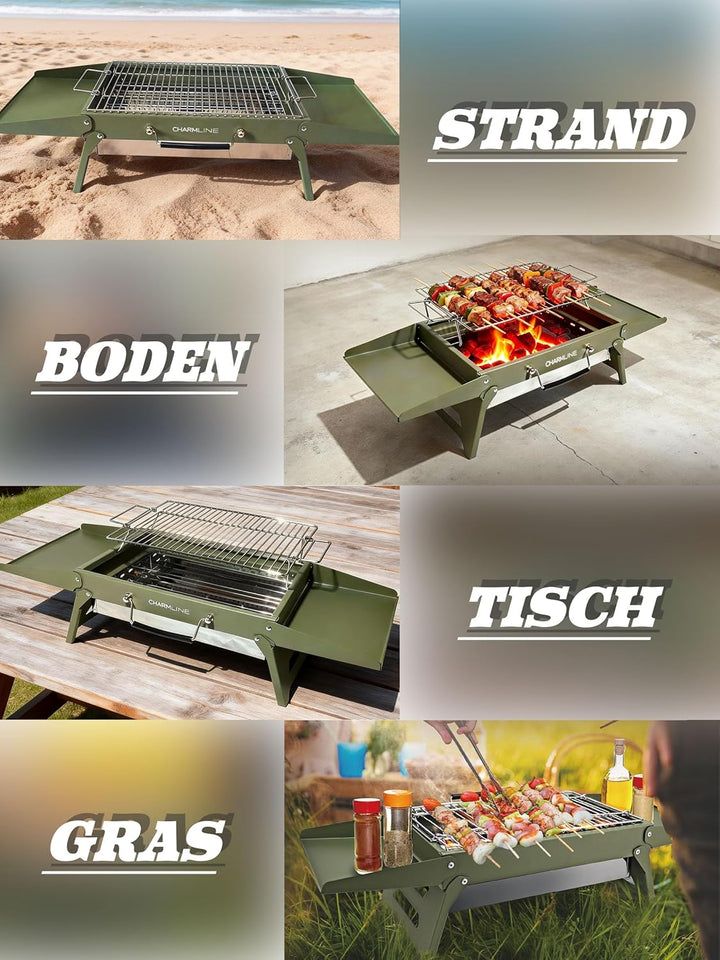 Charmline Tragbarer Holzkohlegrill, Klappbarer Campinggrill 39 x 27 cm für 2–4 Personen, Kleiner BBQ
