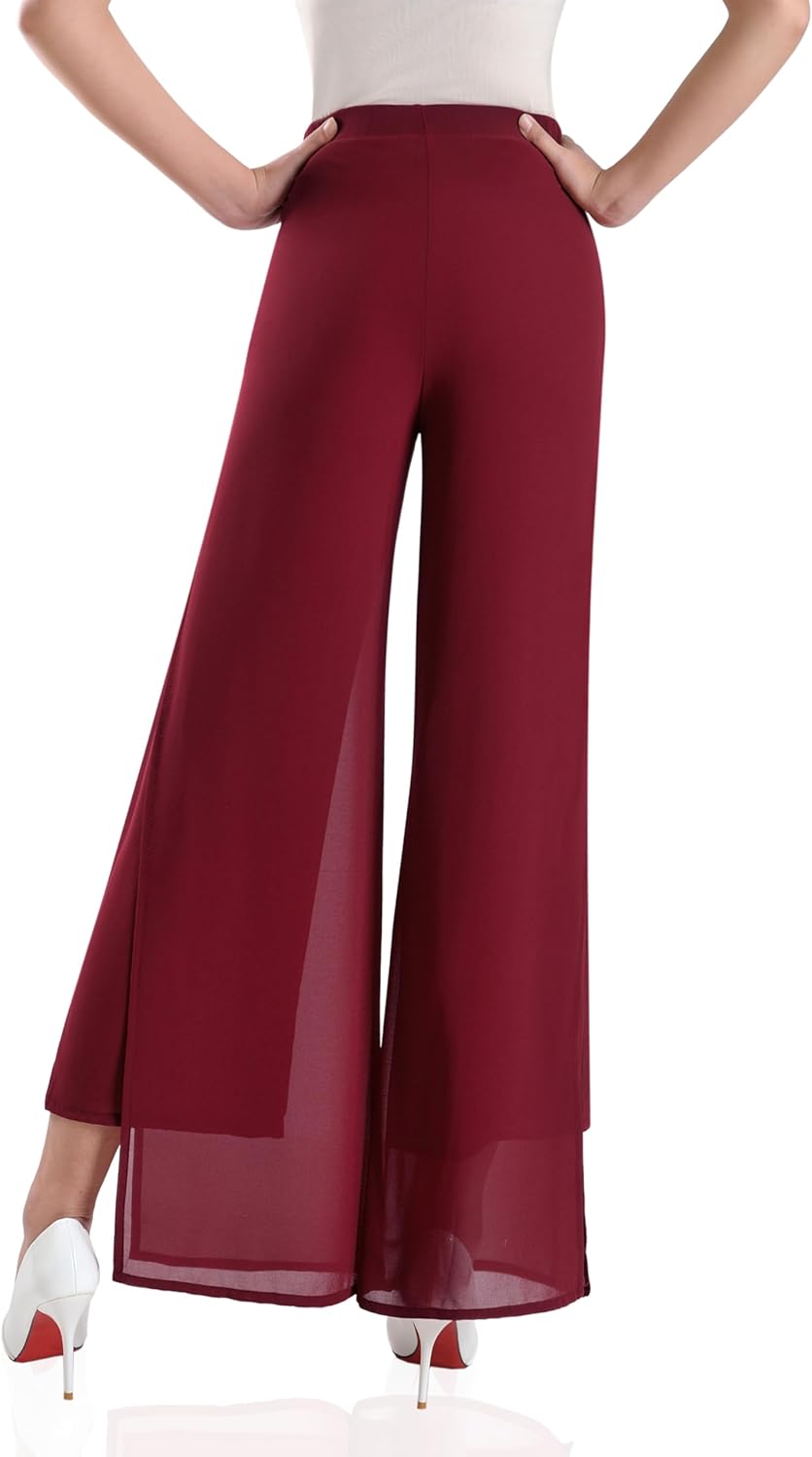 Putaowor Damen Leicht Chiffon hohe elastische Taille Fliessende Hose ausgestellt gerades Bein Frauen