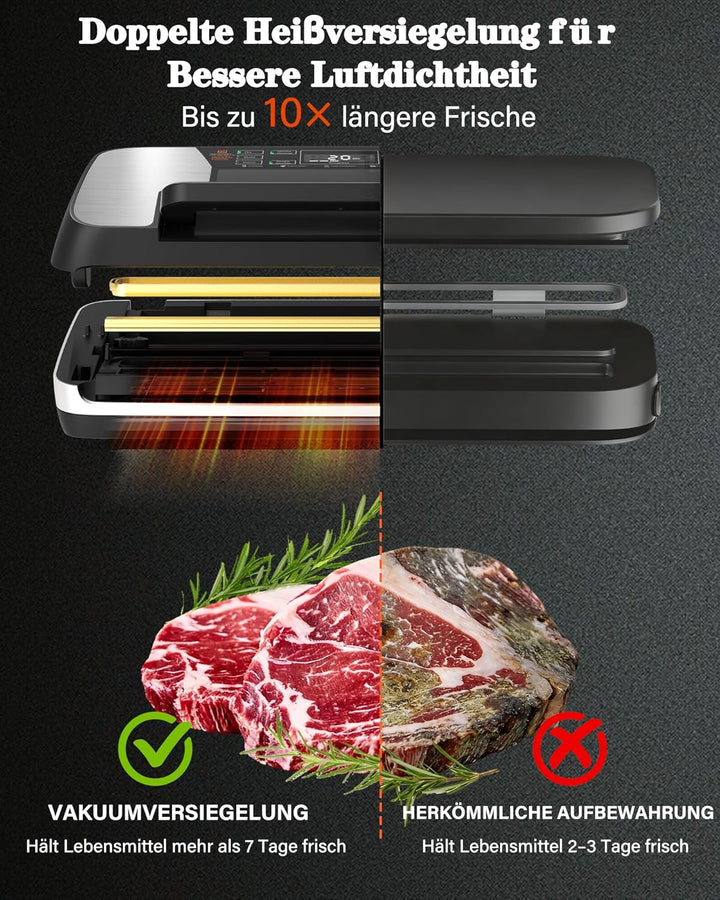 Vakuumiergerät für Lebensmittel 95 kPa, 12-in-1 Vacuum Sealer mit doppelter Schweissnaht, Easy-Lock-