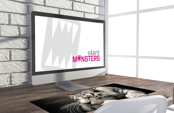 Silent Monsters Mauspad XXL 900 x 400 mm grosses Mousepad Tiger weiss - Vernähter Rand, rutschfest &