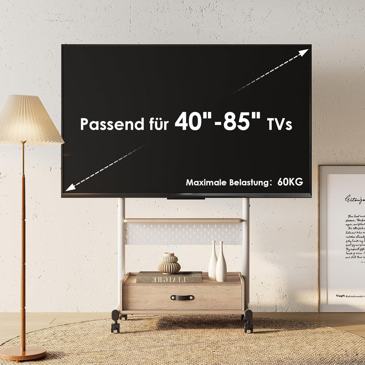 FITUEYES TV Ständer Rollbar Höhenverstellbar, Fernsehständer mit Rollen Schublade Ablage Lochwand, T