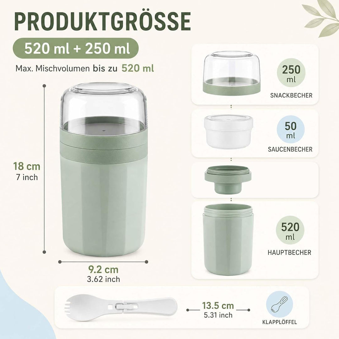 2er Set Müslibecher to Go mit Gabel-Löffel, 520ML+250ML Joghurtbecher to Go Auslaufsicher, Müsli to