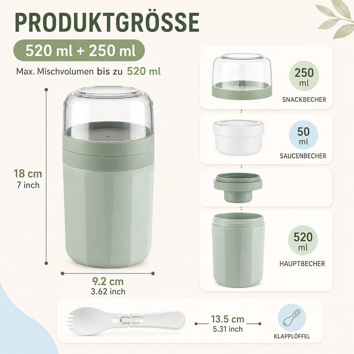 2er Set Müslibecher to Go mit Gabel-Löffel, 520ML+250ML Joghurtbecher to Go Auslaufsicher, Müsli to