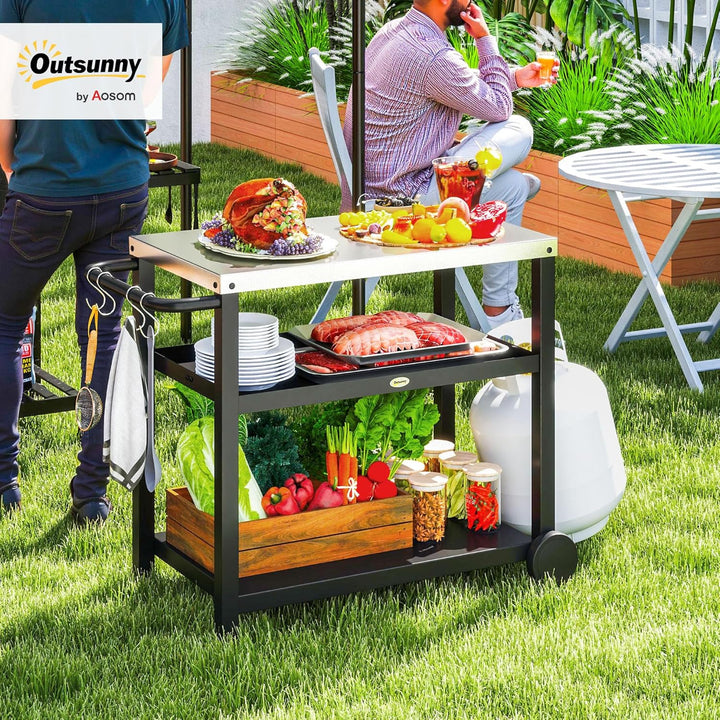 Outsunny Grillwagen 3-Etagen Servierwagen mit Arbeitsfläche Ablagen Haken Räder, Edelstahl BBQ Grill