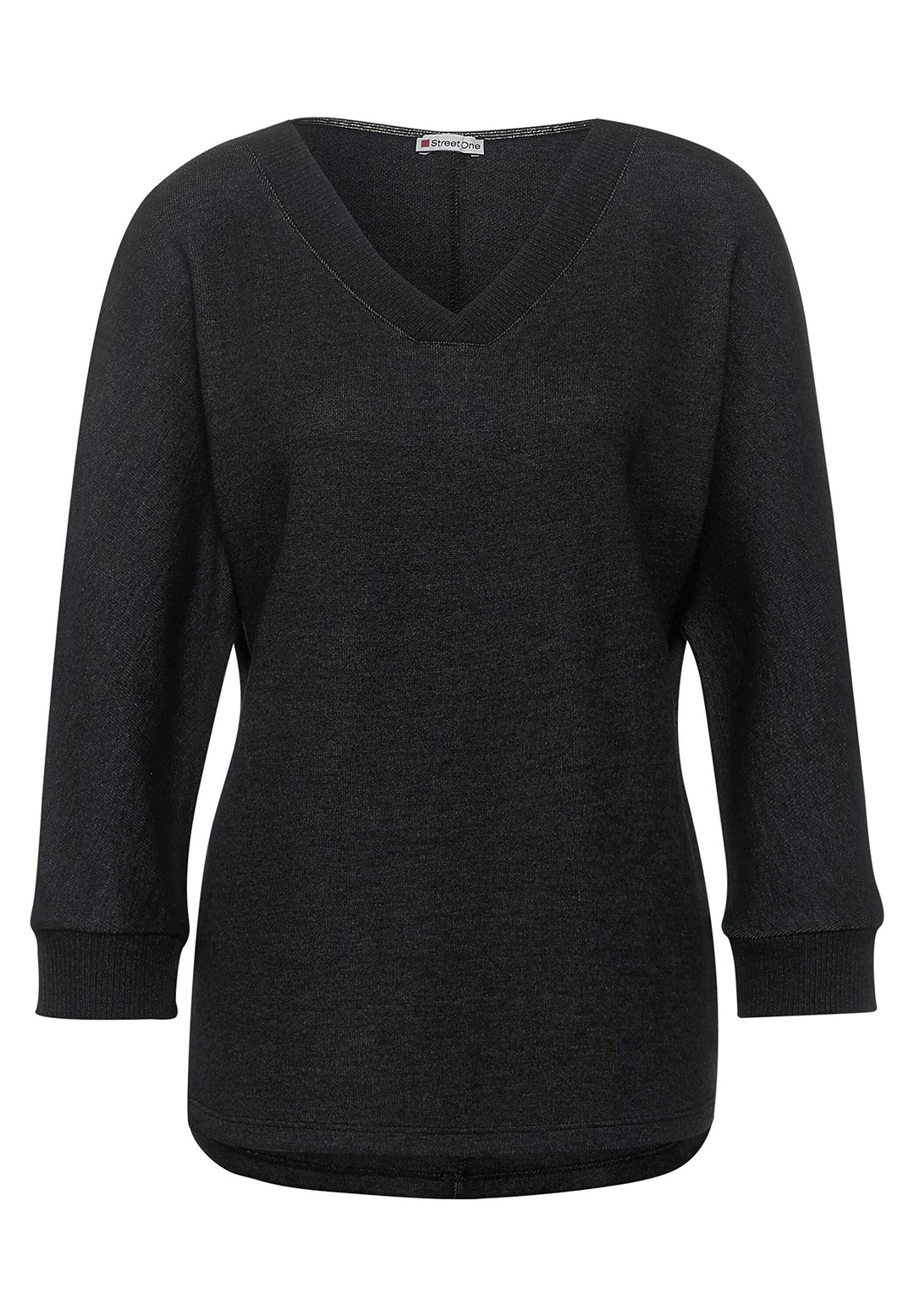 Street One Damen Shirt mit V-Ausschnitt Anthracite Melange 38 Spitzem Ausschnitt, 3/4-Arm, überschni