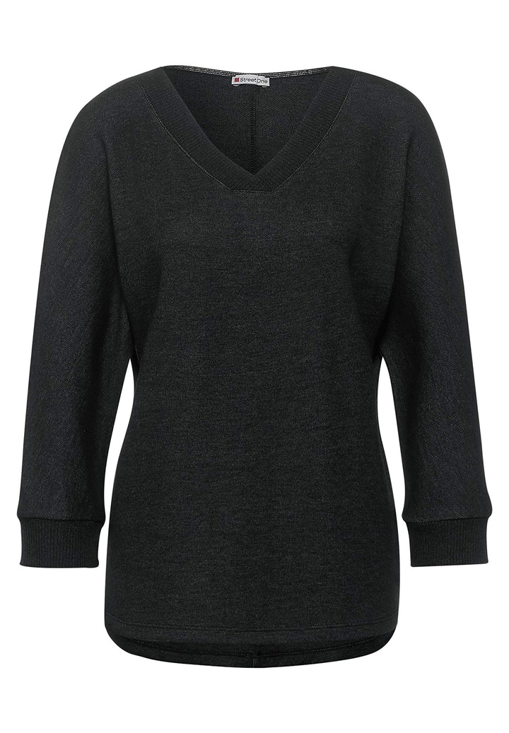 Street One Damen Shirt mit V-Ausschnitt Anthracite Melange 38 Spitzem Ausschnitt, 3/4-Arm, überschni