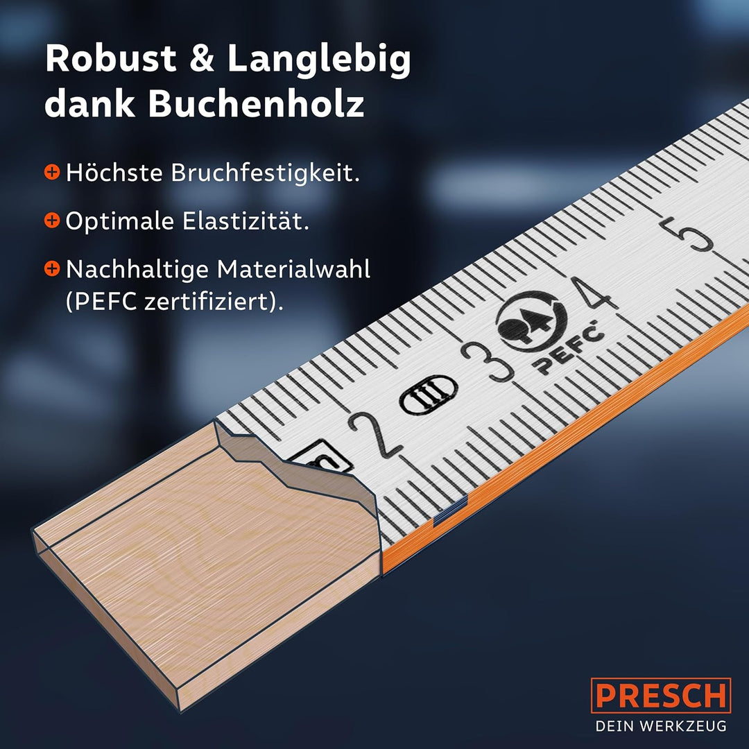 Presch Zollstock 3m mit Winkelfunktion - Holz - Orange - Grosse & sehr gut lesbare Zahlen - Exaktes