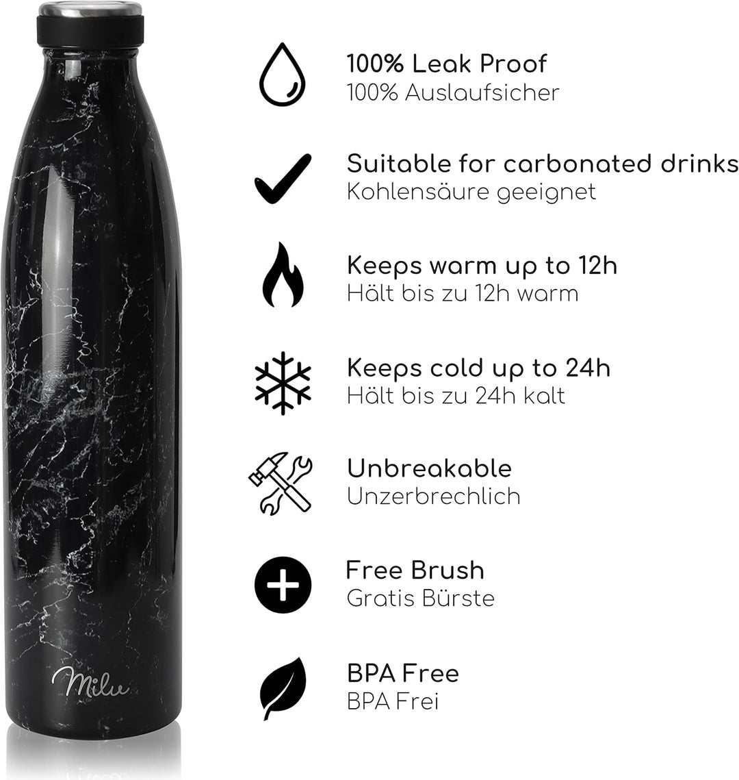 Milu Edelstahl Trinkflasche 350ml, 500ml, 750ml, 1L, 1.5L Thermosflasche, Isolierte Wasserflasche, A