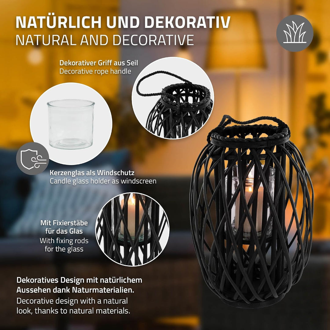 ECD Germany Laterne Ried 40xØ26 cm mit Henkel, Schwarz, Seilfaser, Flechtoptik, Rattan Windlicht mit