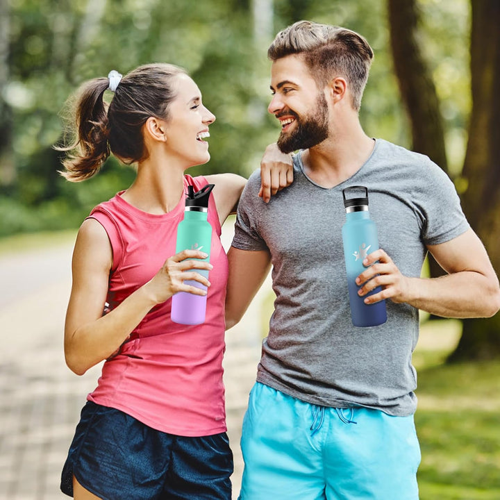 Trinkflasche Edelstahl, Sport Trinkflasche 1 liter, Thermosflasche Mit 2 Deckeln, Doppelwandige Vaku