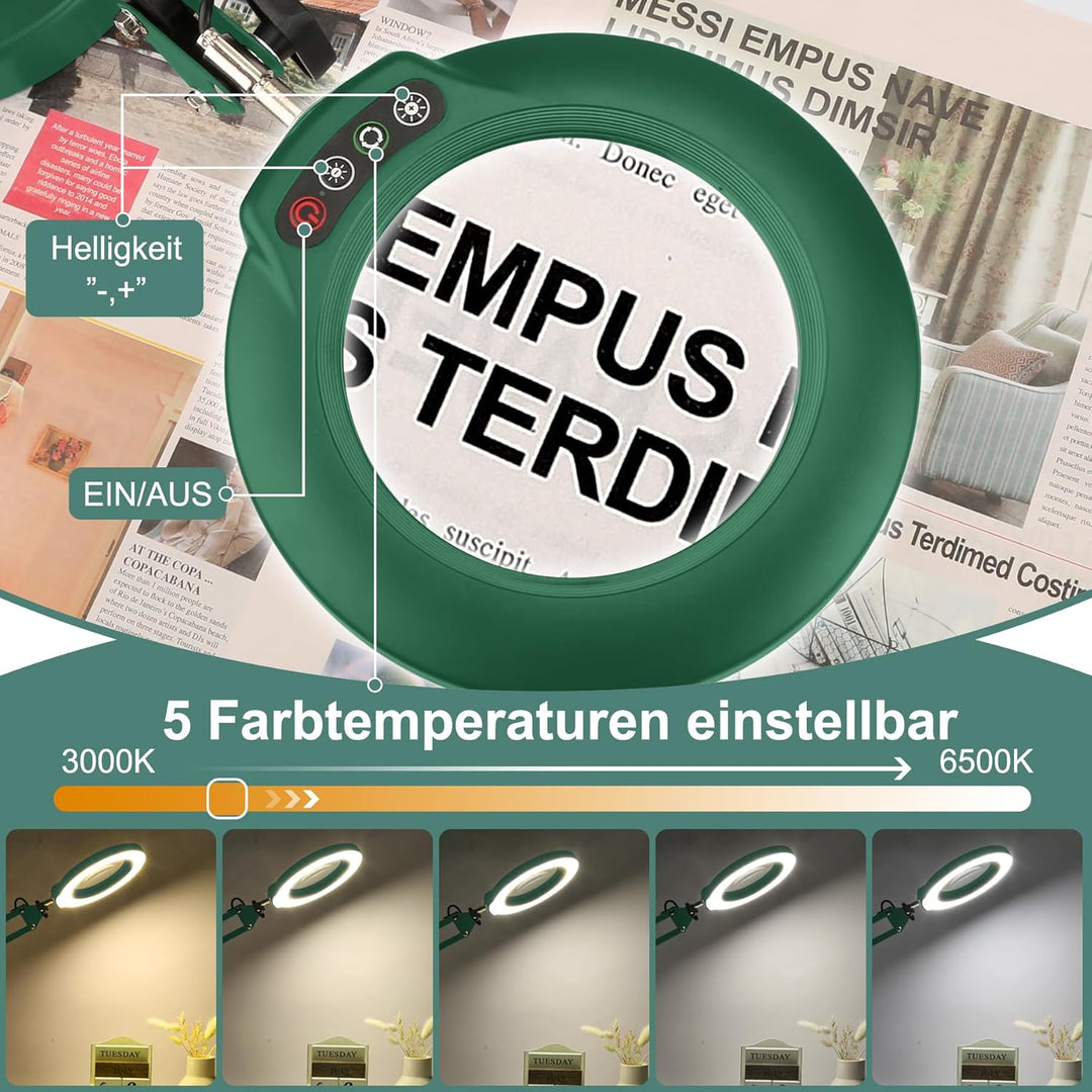 Veemagni 10X Echtes Glas Lupe mit Licht, 5 Farbmodi Stufenlos Dimmbar, Verstellbarer Schwenkarm LED