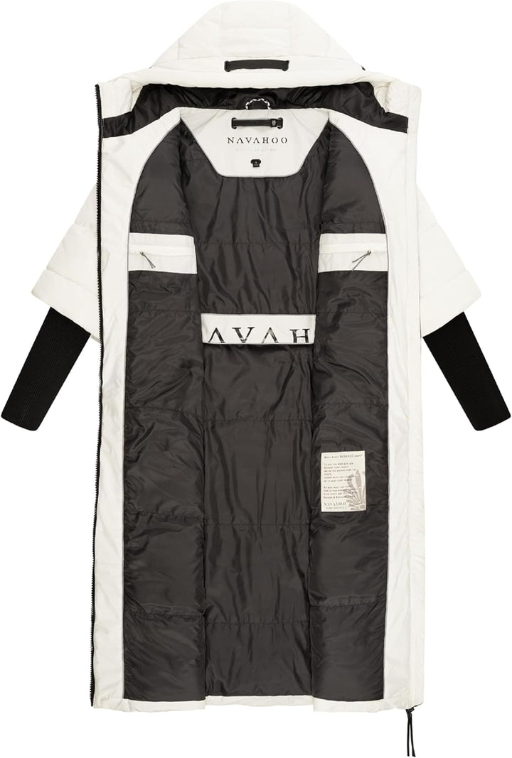 Navahoo Damen Wintermantel Warmer Steppmantel lang mit Kapuze und Rippstrickärmeln Ciao MIAU XIV XS-