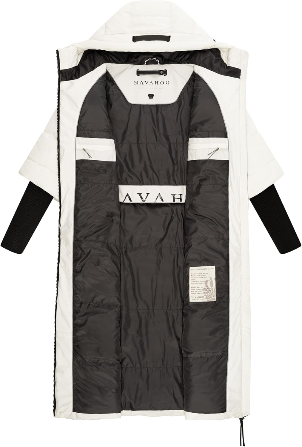 Navahoo Damen Wintermantel warmer Steppmantel lang mit Kapuze und Rippstrickärmeln Ciao Miau XIV XS-